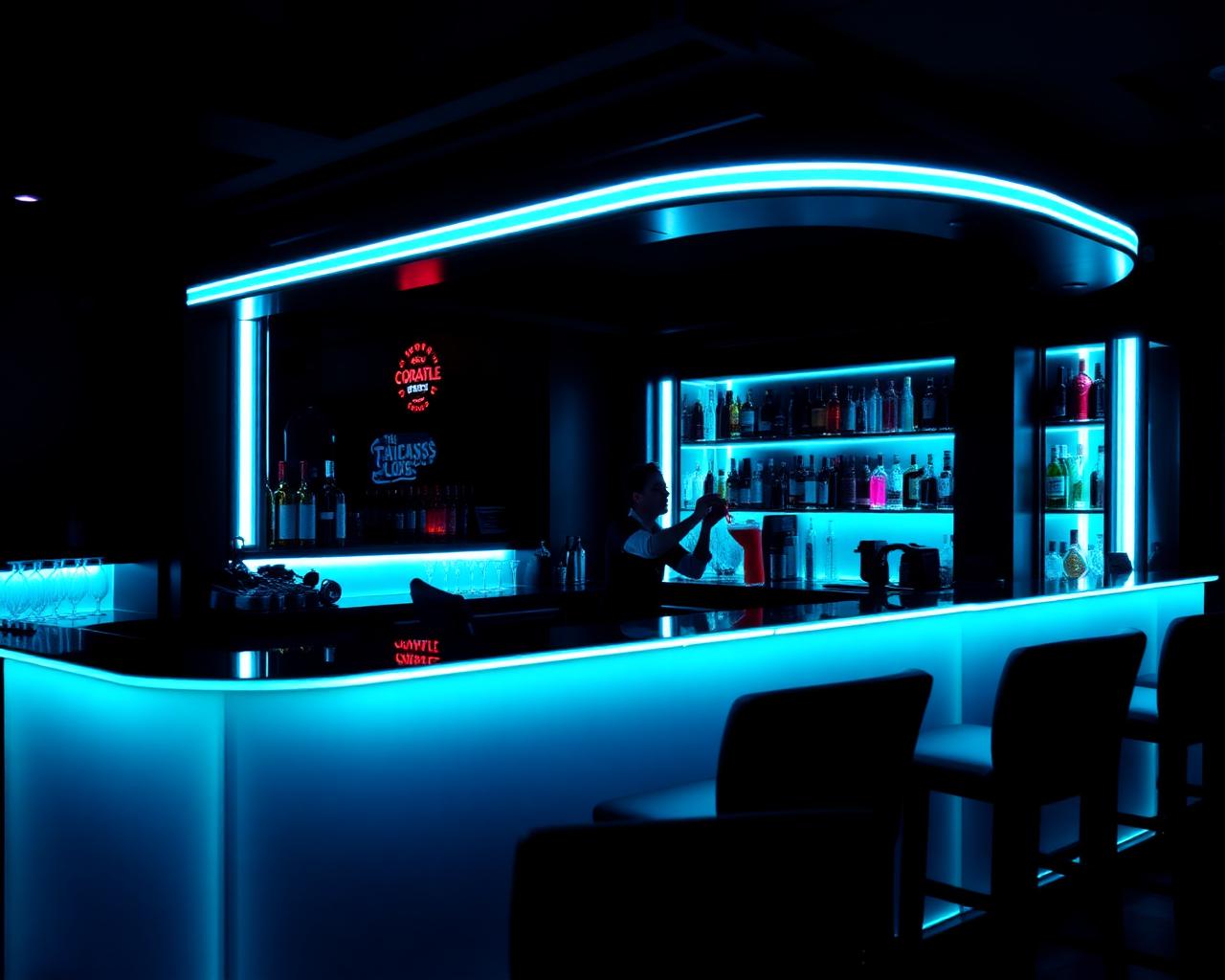 Turkuaz neon aydınlatmalı kokteyl barı