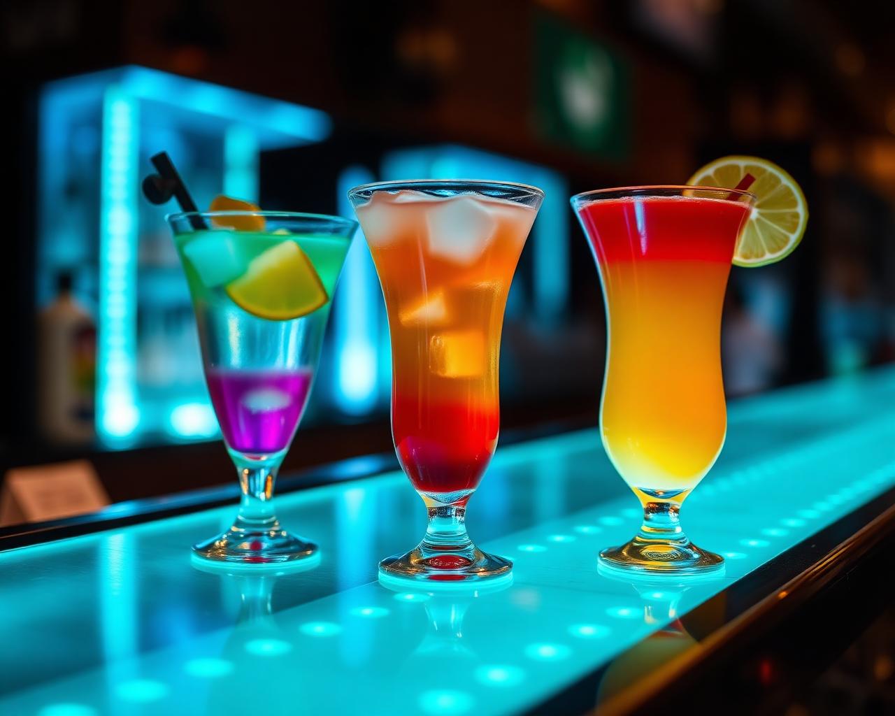 Işıklı bar tezgâhında renkli kokteyller